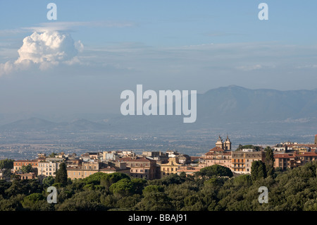 View of Frascati and beyond, to the Roman Hills in the far distance. Lazio, Italy Stock Photo