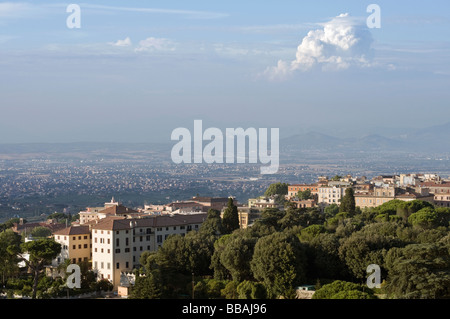 View of Frascati and beyond, to the Roman Hills in the far distance. Lazio, Italy Stock Photo