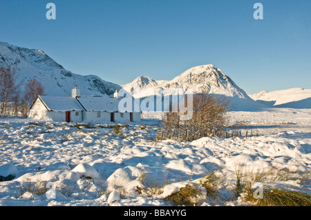 Black Rock cottage in snow Glencoe Highland Stock Photo