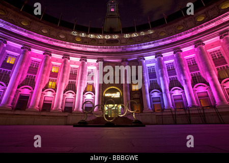 London County Hall, LCH showing different color of lights, City of London, United Kingdom Stock Photo