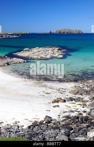 Bosta beach and bay on Great Bernera looking out to the islands of Flodday, Old Hill and Bearasay Stock Photo