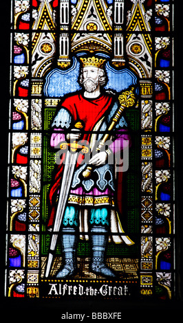 Stained glass window of Alfred the Great in Winchester Cathedral, Hampshire, England, UK Stock Photo