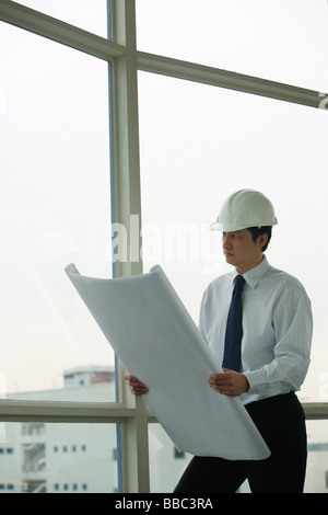man wearing hard hat, holding blue prints, looking out window Stock Photo
