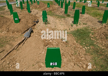 Fresh graveyard for Bosnian Muslims killed during Bosnian War in the village of Bratunac in Republika Srpska an entity of Bosnia and Herzegovina Stock Photo