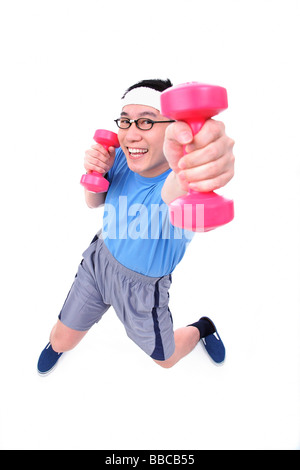 Man using dumbbells, high angle view Stock Photo