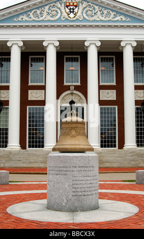 Replica of the Centennial Bell in front of the Baker Library, Harvard Business School, Allston, Boston, Massachusetts, USA Stock Photo