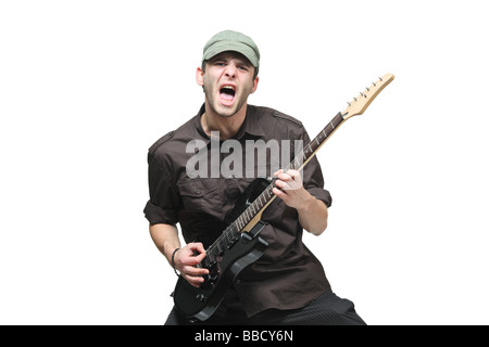 Guitar player against white backgroung Stock Photo
