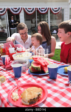 Large family gathering for a 4th of July barbecue Stock Photo
