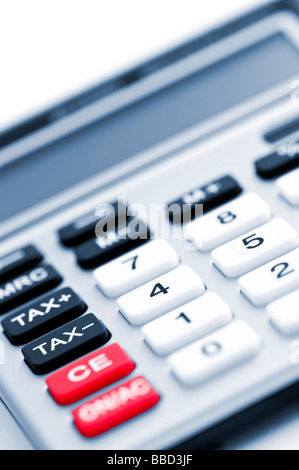 Closeup on tax calculator keypad with red black and white buttons Stock Photo