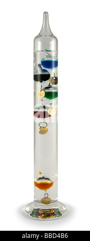 Galileo thermometer showing 68°F. The lowest weight of the top set of weights indicates the ambient temperature. Stock Photo