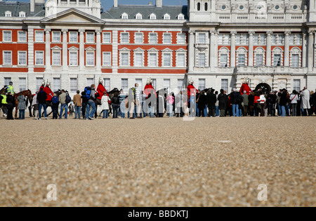 Household Cavalry Life Guards rides on to Horse Guards Parade for the Changing the Guard ceremony, Whitehall, London, UK Stock Photo