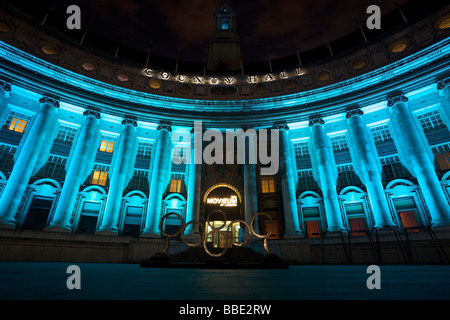 London County Hall, LCH showing different color of lights, City of London, United Kingdom Stock Photo