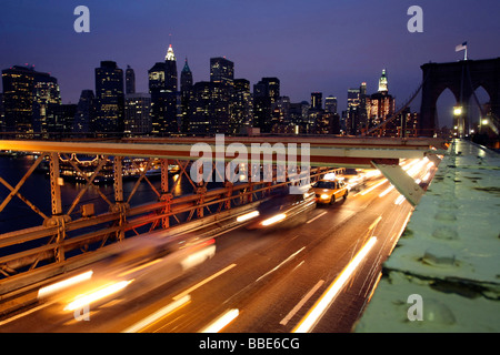 Brooklyn Bridge at night, Lower Manhattan, New York City, USA, United States of America Stock Photo