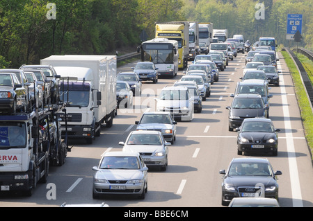 Traffic jam on the A 81 Stuttgart - Karlsruhe just before the motorway junction Leonberg, Baden-Wuerttemberg, Germany, Europe Stock Photo