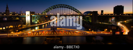 England Tyne Wear Newcastle Upon Tyne Panoramic view of the River Tyne and Tyne Bridge with the Swing Bridge in the foreground Stock Photo