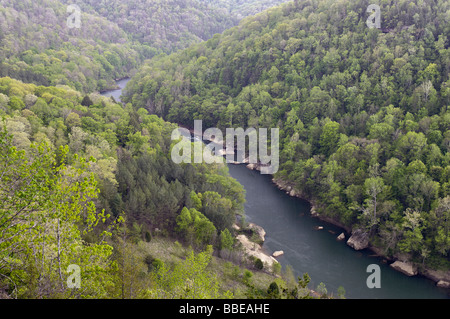 View of Rain Falling on the Cumberland River from Devils Jump Overlook in Big South Fork National River and Recreation Area Stock Photo