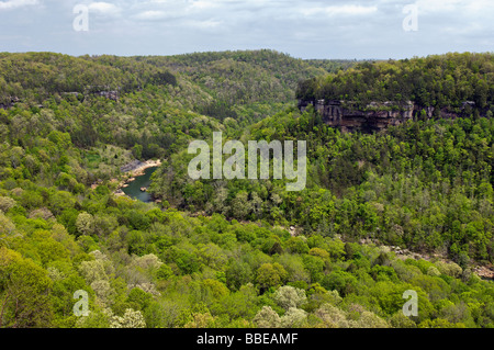 View of the Cumberland River from Devils Jump Overlook in Big South Fork National River and Recreation Area Kentucky Stock Photo