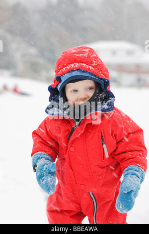 Little Boy Playing in the Snow, Portland, Oregon, USA Stock Photo