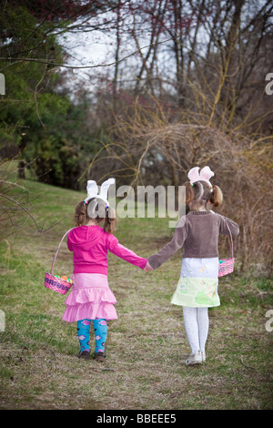 Two Girls Walking with Easter Baskets