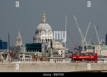 London Bus on Waterloo Bridge, St Paul's Cathedral,  London, England, UK Stock Photo