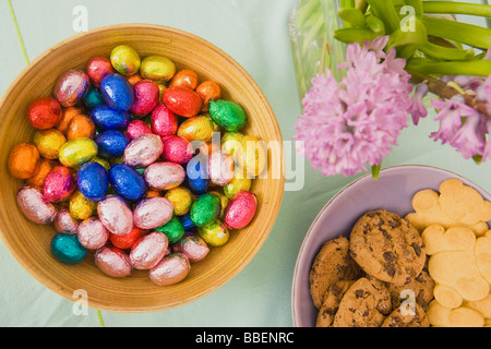 Bowl of Chocolate Easter Eggs and Bowl of Cookies Stock Photo