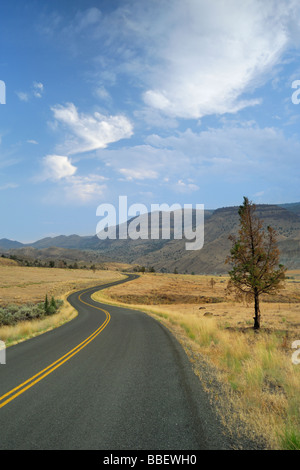 Blacktop road winding off into the distance, John Day Fossil Beds National Monument, Oregon Stock Photo