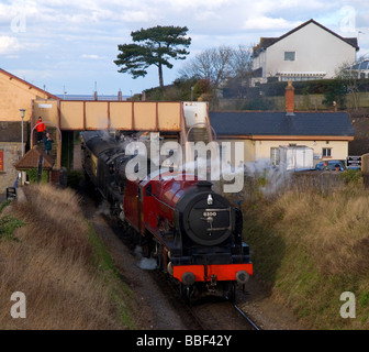 Steam train leaving Watchet Station on the West Somerset Railway.