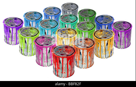 Isolated group of rusty tins metal paint Stock Photo