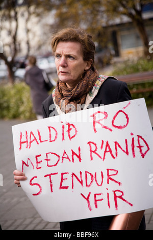 Reykjavik Iceland October 14. Demonstrators standing in front of The Icelandic Parliament, Althingi Stock Photo