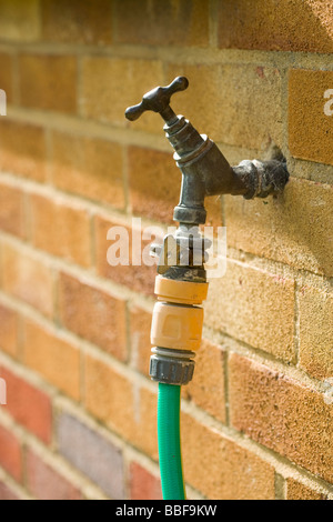Outside tap with hosepipe attached. Stock Photo