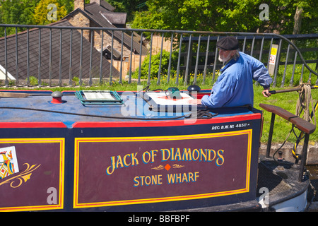 Canal boat barge crossing River Dee near Llangollen Shropshire Union canal Pontcysyllte aqueduct Wales Cymru UK United Kingdom Stock Photo