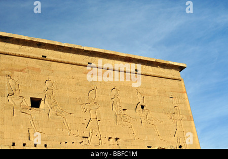 Detail of First Pylon of Temple of Isis on Philae Island Lake Nasser near Aswan Egypt Stock Photo