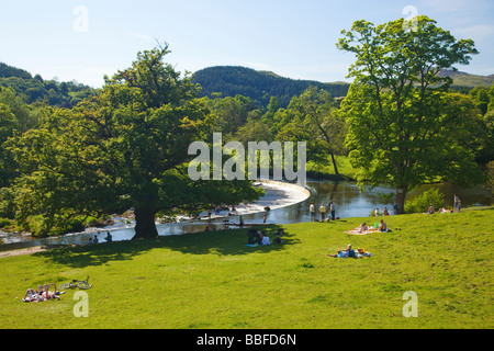 Horseshoe Falls Weir at Llantysilio built by Thomas Telford in 1808 River Dee near Llangollen Powys Wales Cymru UK Stock Photo