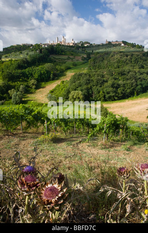 View over farmland to the towers of San Gimignano seen from the north, Tuscany, Italy Stock Photo