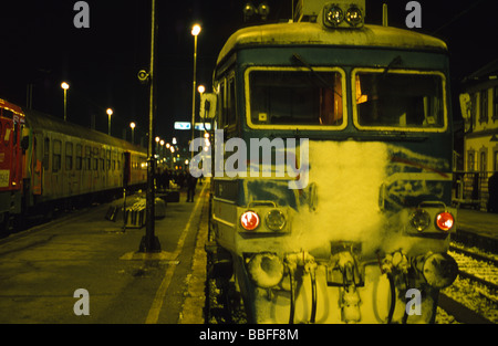 Snow-covered train at the departure platform of the railway main station in winter, Belgrade, Serbia, Balkans Stock Photo