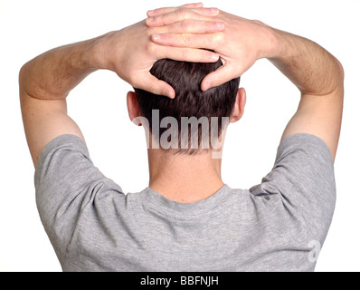 Man with hands on the top of his head Stock Photo