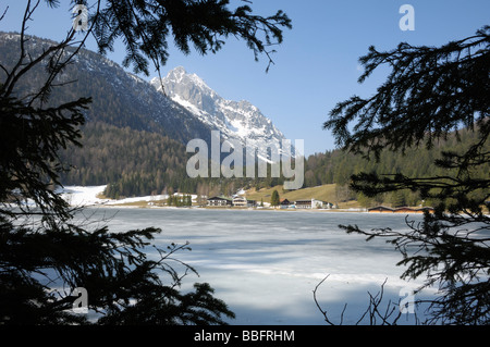 Lautersee frozen in early spring, near Mittenwald, Bavaria, Germany Stock Photo