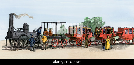 First steam train on the Mohawk and Hudson Railroad, New York 1831. Hand-colored woodcut Stock Photo