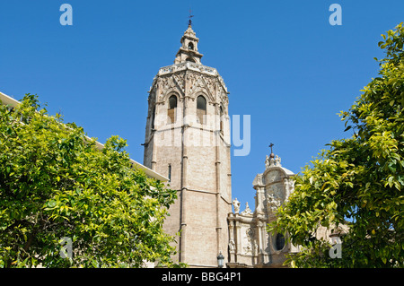 Torre del Miguelete, Micalet, bell tower, cathedral, Catedral de Santa Maria, Plaza de la Reina, Valencia, Spain, Europe Stock Photo