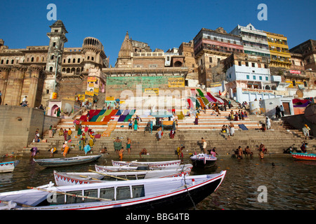 Saris Drying on the Munshi Ghat on Ganges River in Varanasi India Stock Photo