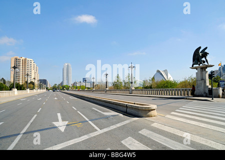 Street, mythical creature, lion, wings, sculpture, Puente del Regn, bridge, Valencia, Spain, Europe Stock Photo