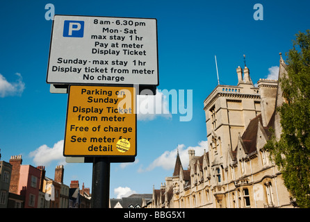 Car parking notices in central Oxford England UK EU Stock Photo