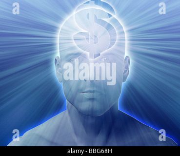 Man thinking about money dollars floating over head Stock Photo