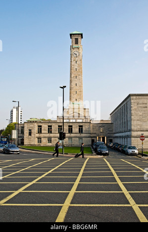 The clock tower displays the time of day well above the office buildings of the Civic Centre Southampton Stock Photo