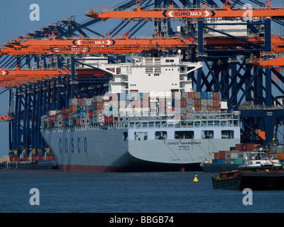 Large Cosco container ship at Euromax terminal in the port of Rotterdam Zuid Holland the Netherlands Stock Photo