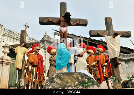 Crucifixion scene, open-air performance on Good Friday, Salvador, Bahia, Brazil, South America