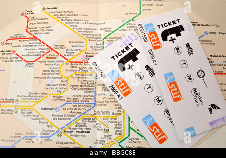 Single tickets on a plan of the Paris Metro, Paris, France, Europe Stock Photo