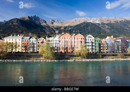 Mariahilf, row of houses in autumn, Inn river, the Alps, Karwendel, Old Town, Innsbruck, Inn valley, Tyrol, Austria, Europe Stock Photo