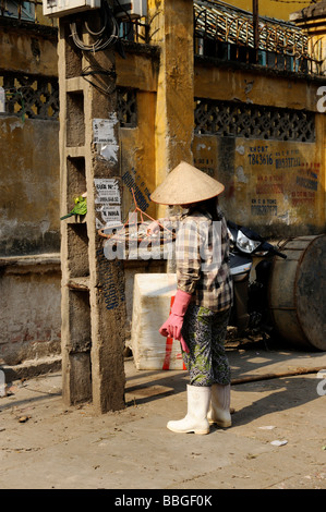 Vietnamese lady wearing conehat hanging flat bamboo basket with electric post to dry fish, Hanoi, vietnam. Stock Photo