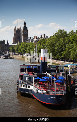 Pleasure boat Tattershall Castle with restaurant moored on London's Embankment, River Thames Stock Photo